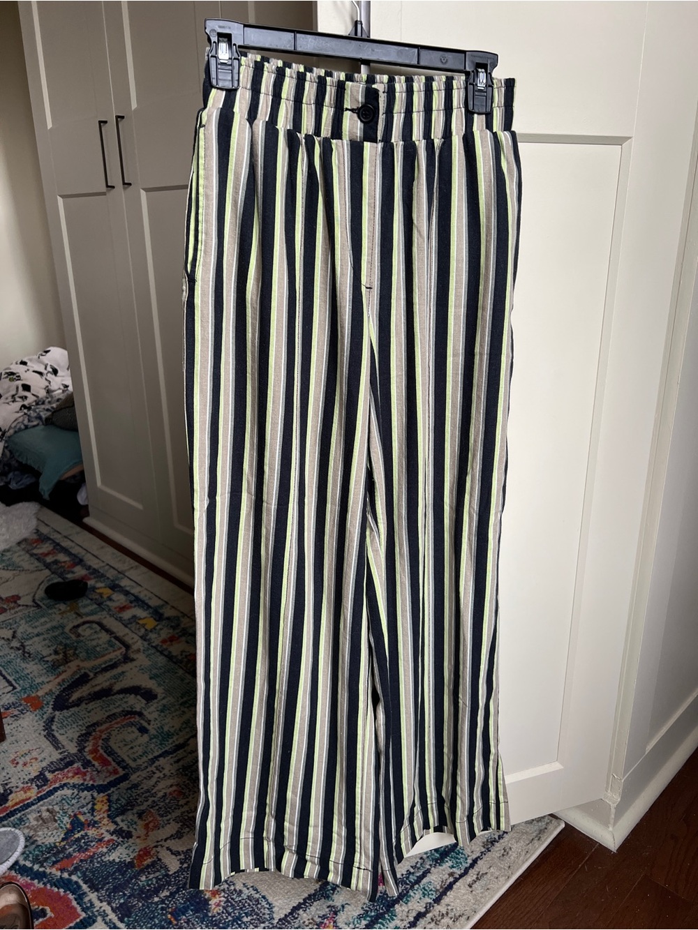 Topshop Striped Linen Blend Wide Leg Pants in Black & Lime Green - Size US 4